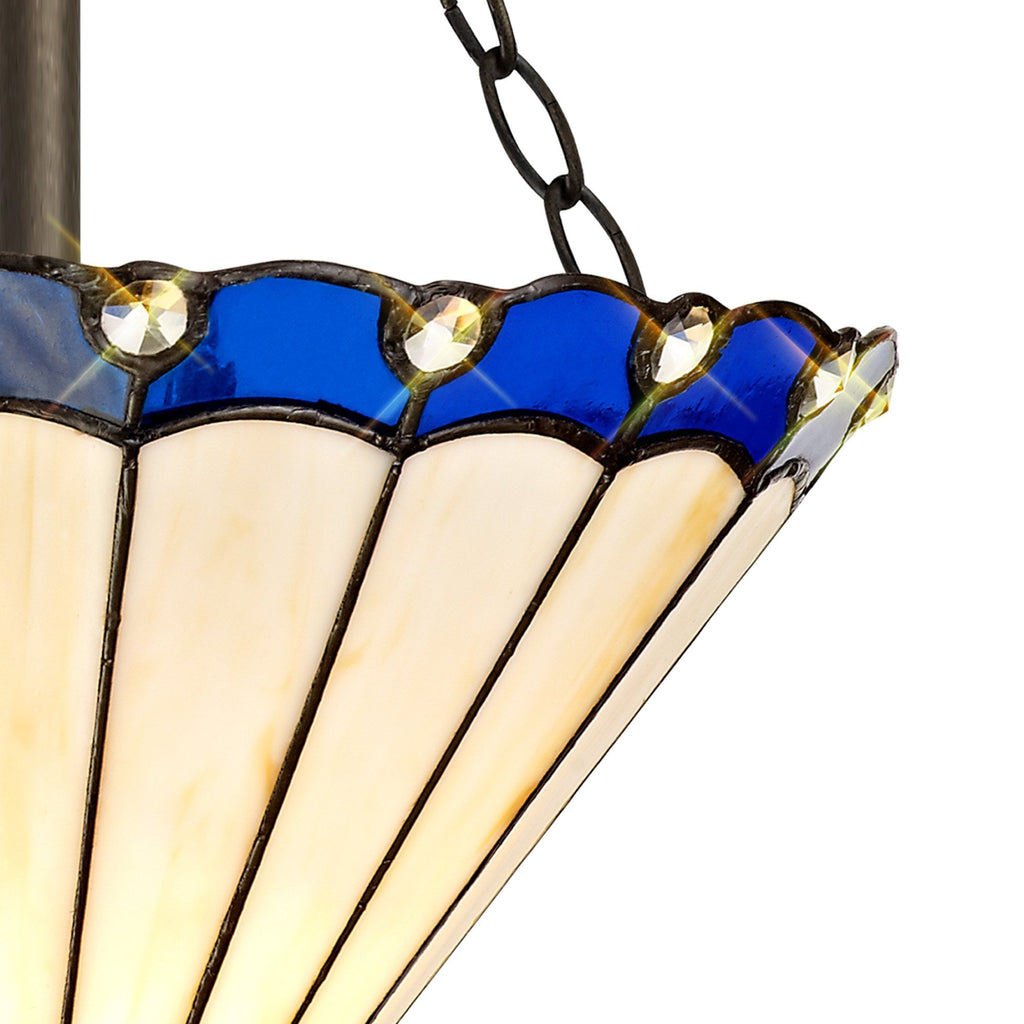 NLK03129 Umbrian 3 Light Semi Ceiling With 30cm Tiffany Shade Blue/Chrome/Crystal/Aged Antique Brass