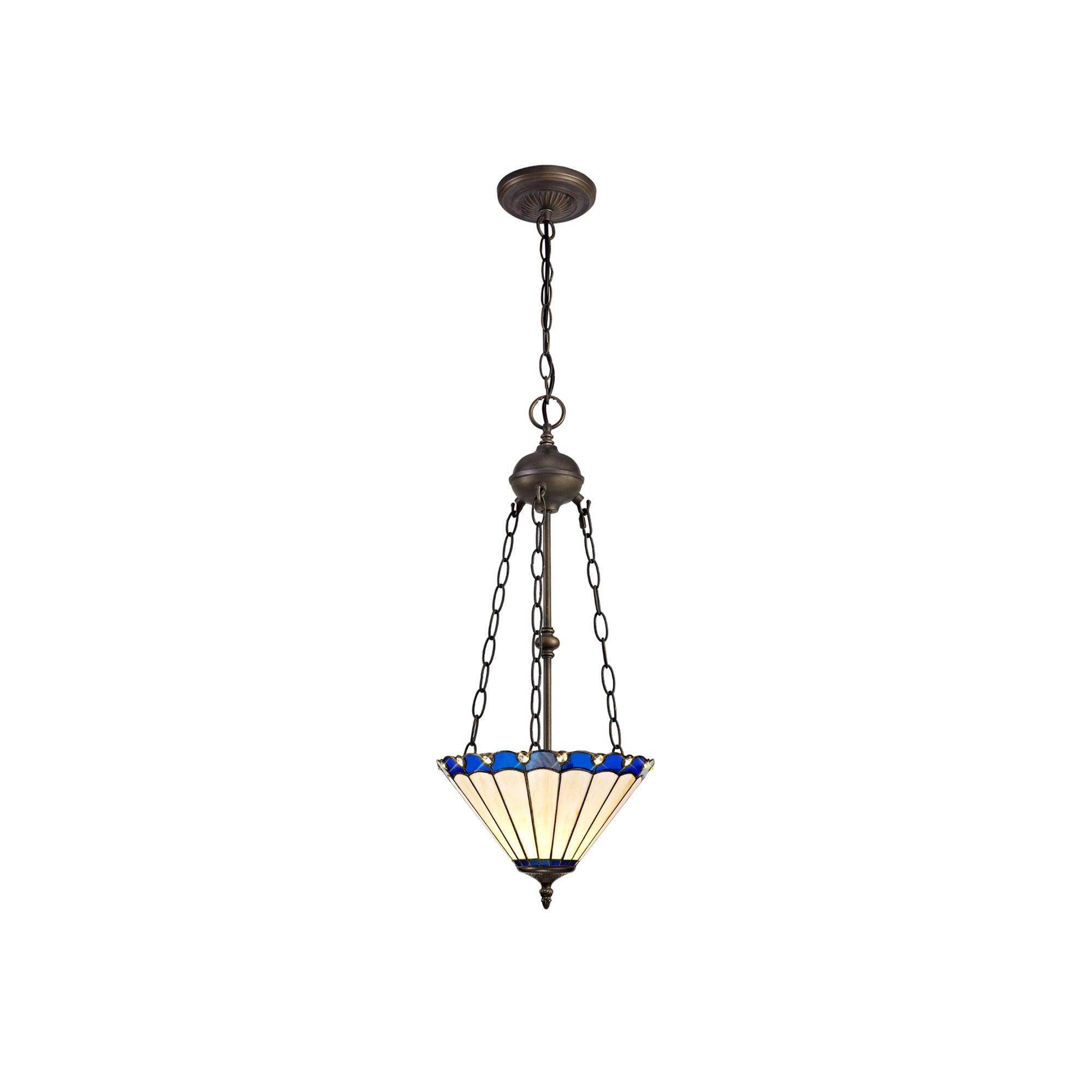 NLK03139 Umbrian 2 Light Up Lighter Pendant With 30cm Tiffany Shade Blue/Chrome/Crystal/Aged Antique Brass