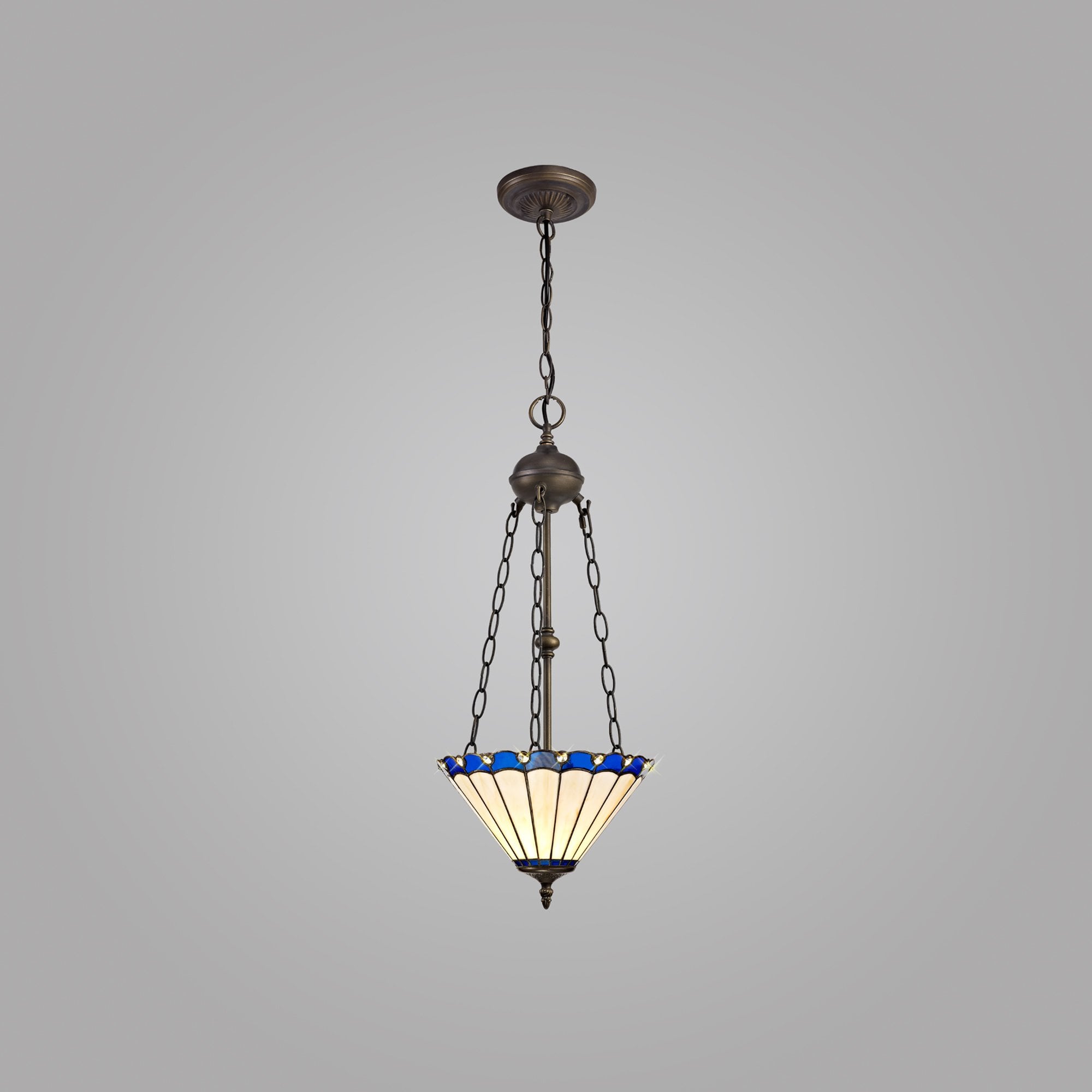 NLK03139 Umbrian 2 Light Up Lighter Pendant With 30cm Tiffany Shade Blue/Chrome/Crystal/Aged Antique Brass