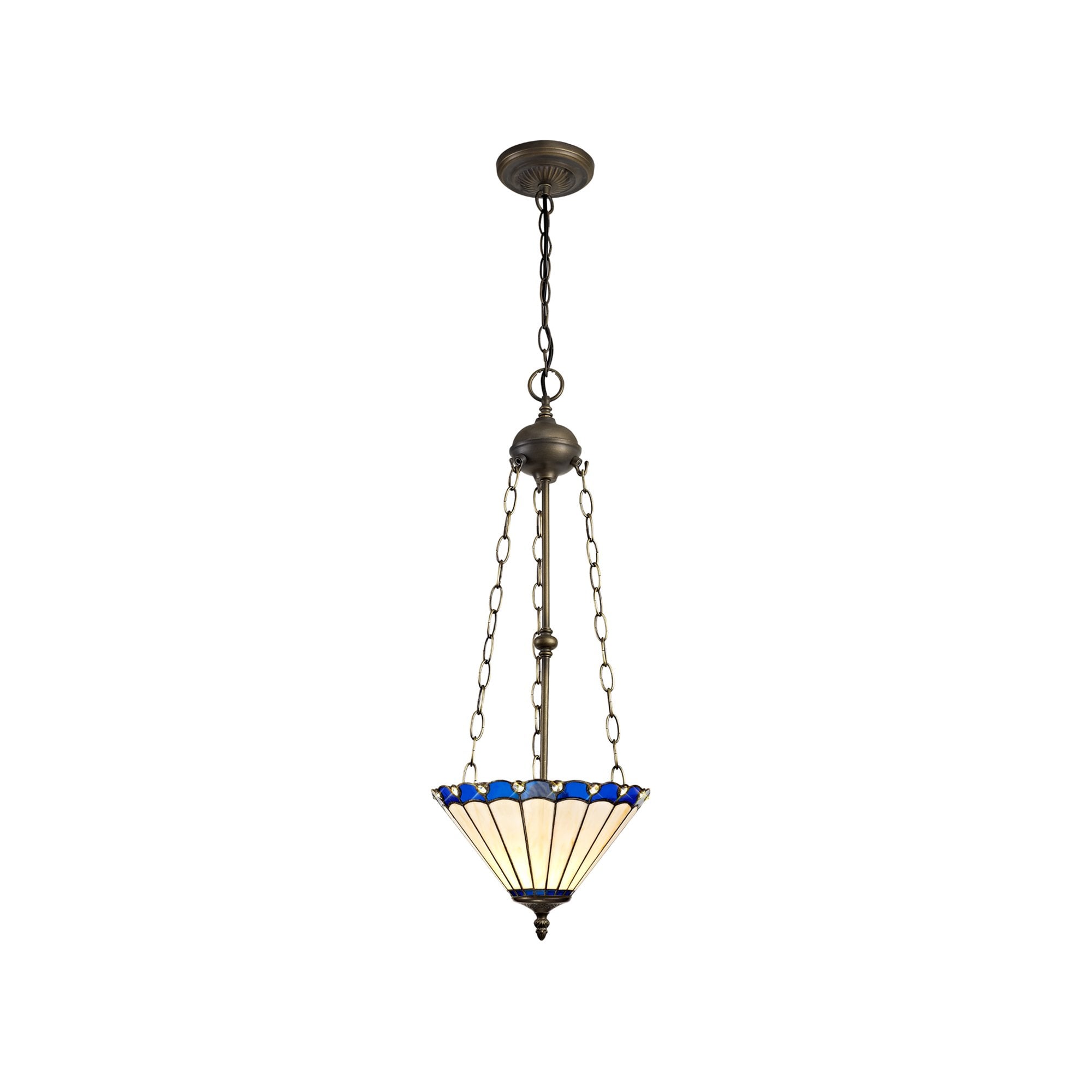 NLK03149 Umbrian 3 Light Up Lighter Pendant With 30cm Tiffany Shade Blue/Chrome/Crystal/Aged Antique Brass