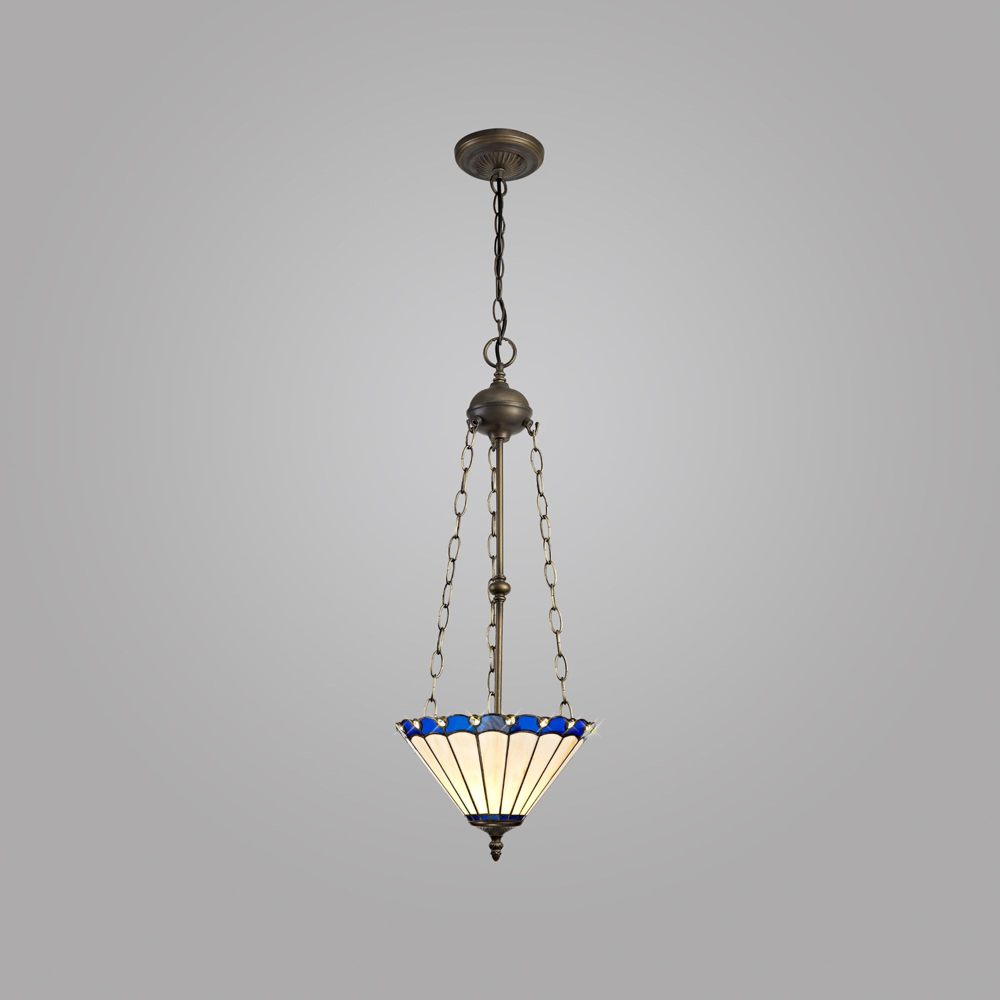 NLK03149 Umbrian 3 Light Up Lighter Pendant With 30cm Tiffany Shade Blue/Chrome/Crystal/Aged Antique Brass