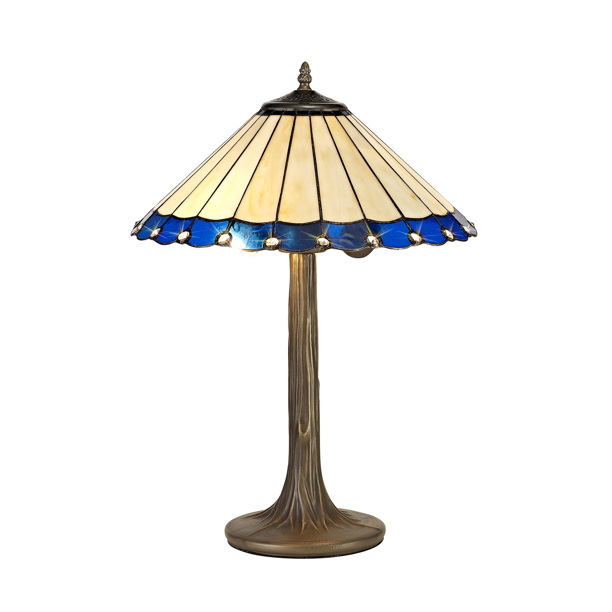 NLK03159 Umbrian 2 Light Tree Like Table Lamp With 40cm Tiffany Shade Blue/Chrome/Crystal/Aged Antique Brass