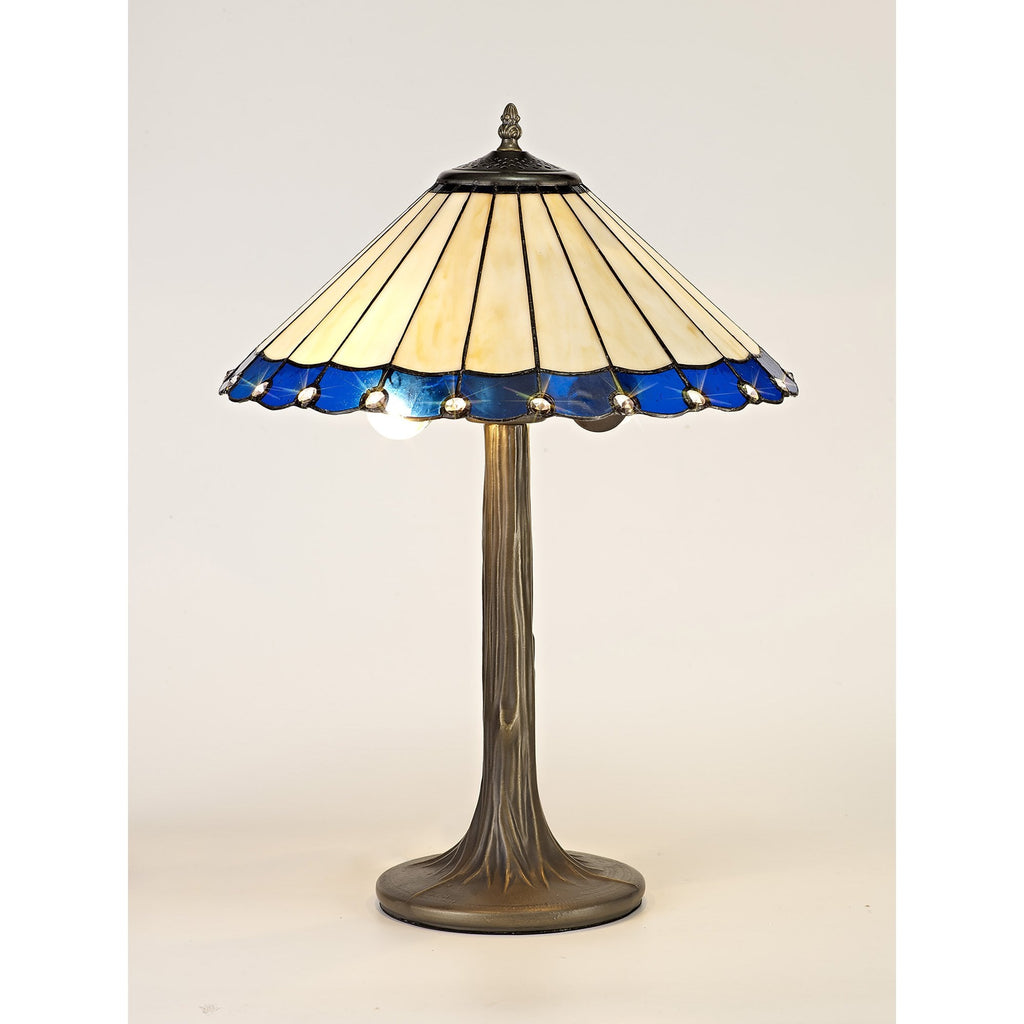 NLK03159 Umbrian 2 Light Tree Like Table Lamp With 40cm Tiffany Shade Blue/Chrome/Crystal/Aged Antique Brass