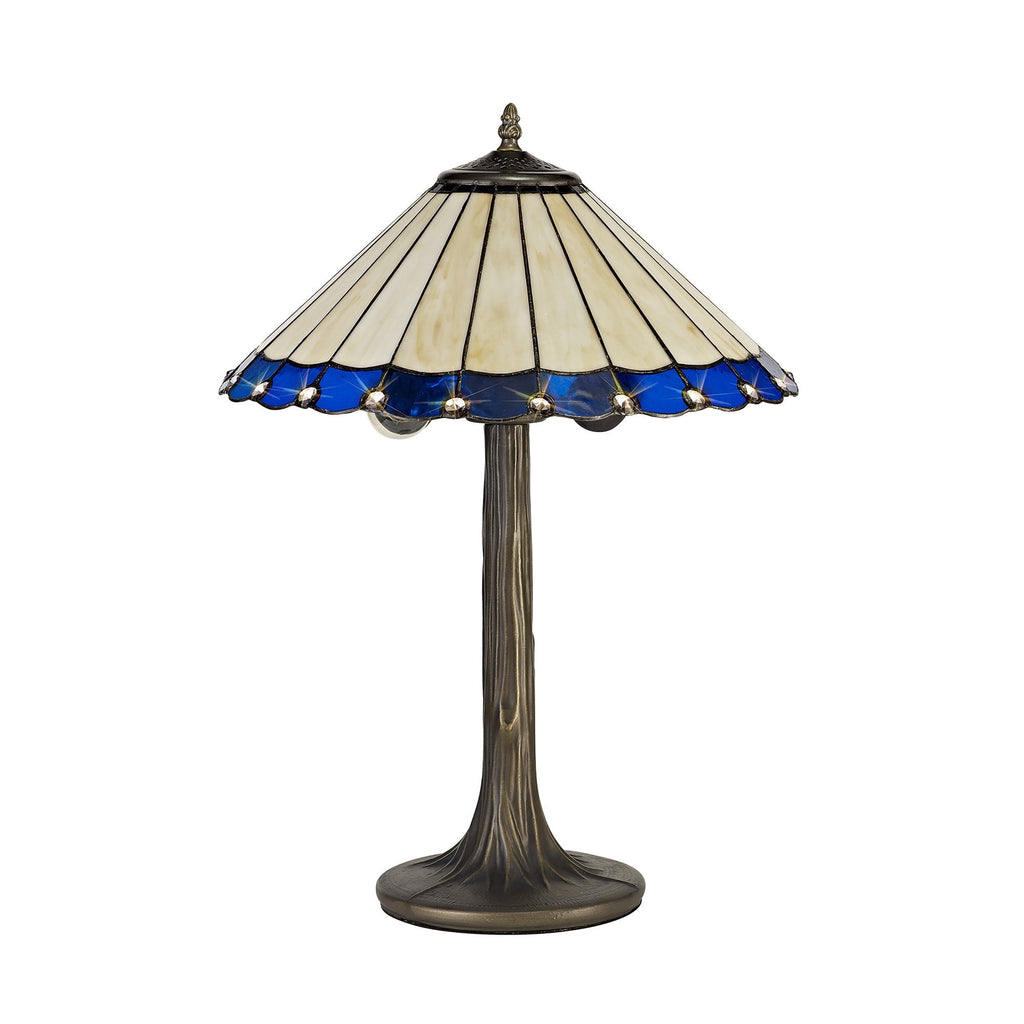 NLK03159 Umbrian 2 Light Tree Like Table Lamp With 40cm Tiffany Shade Blue/Chrome/Crystal/Aged Antique Brass