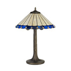 NLK03159 Umbrian 2 Light Tree Like Table Lamp With 40cm Tiffany Shade Blue/Chrome/Crystal/Aged Antique Brass