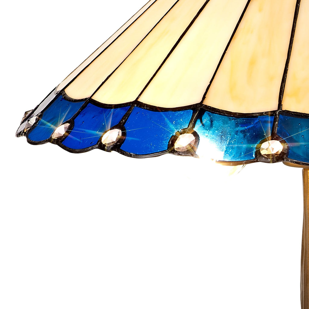 NLK03159 Umbrian 2 Light Tree Like Table Lamp With 40cm Tiffany Shade Blue/Chrome/Crystal/Aged Antique Brass