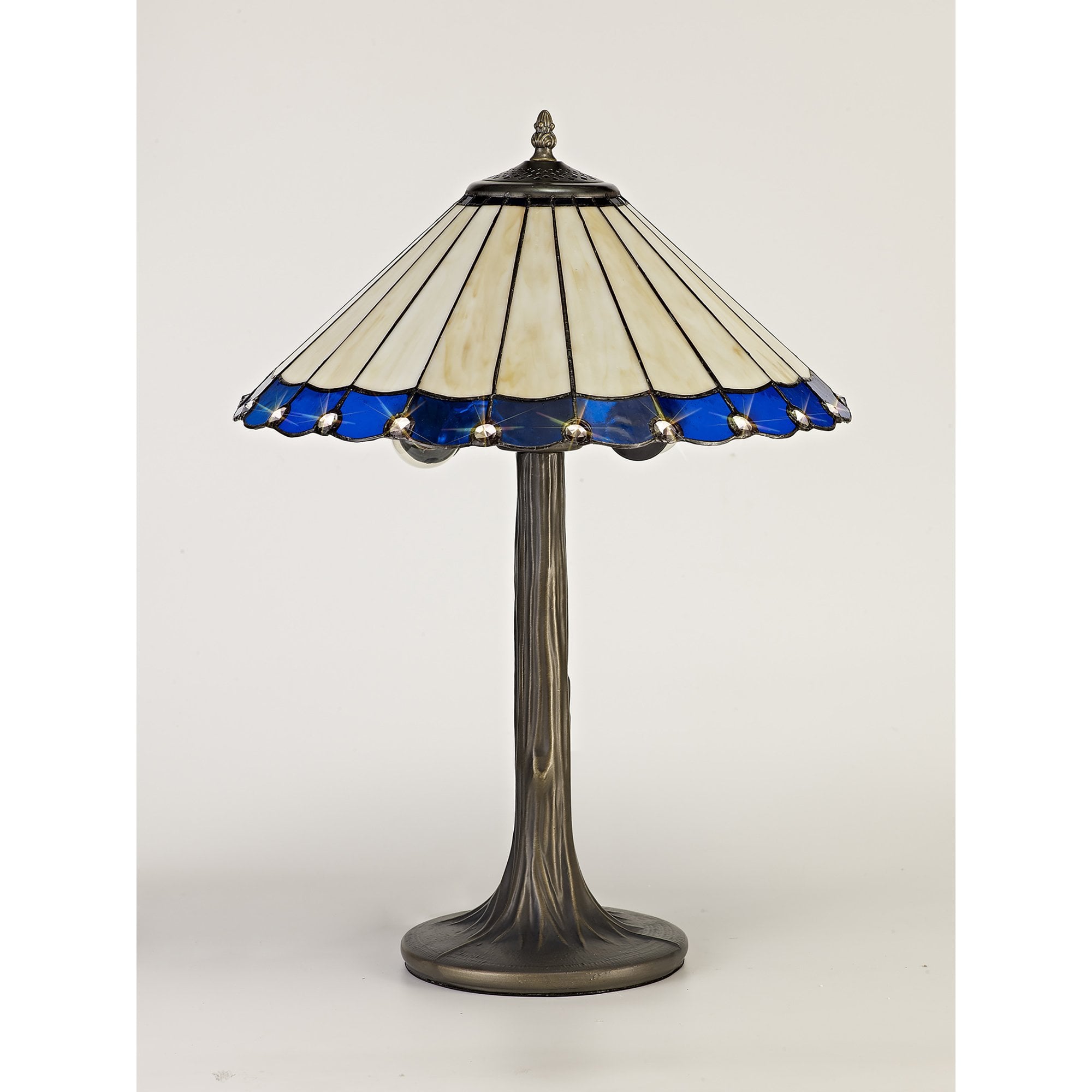 NLK03159 Umbrian 2 Light Tree Like Table Lamp With 40cm Tiffany Shade Blue/Chrome/Crystal/Aged Antique Brass