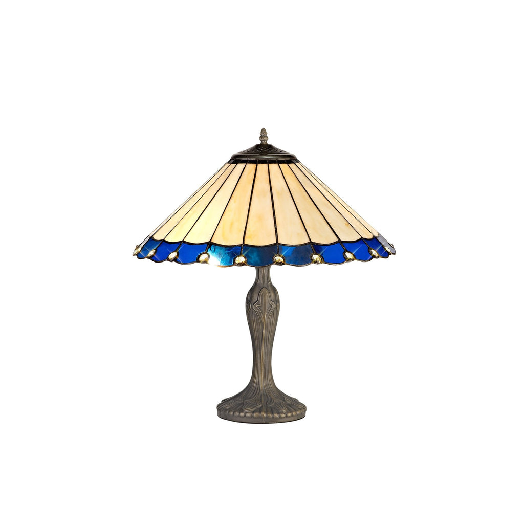 NLK03169 Umbrian 2 Light Curved Table Lamp With 40cm Tiffany Shade Blue/Chrome/Crystal/Aged Antique Brass