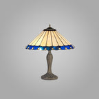 NLK03169 Umbrian 2 Light Curved Table Lamp With 40cm Tiffany Shade Blue/Chrome/Crystal/Aged Antique Brass