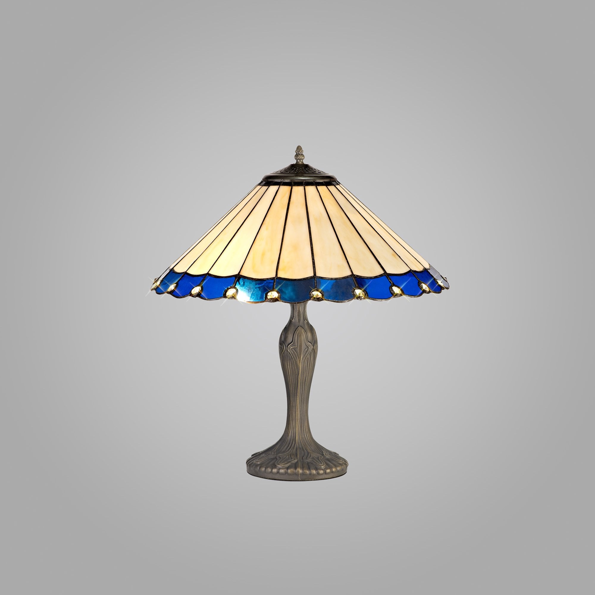NLK03169 Umbrian 2 Light Curved Table Lamp With 40cm Tiffany Shade Blue/Chrome/Crystal/Aged Antique Brass