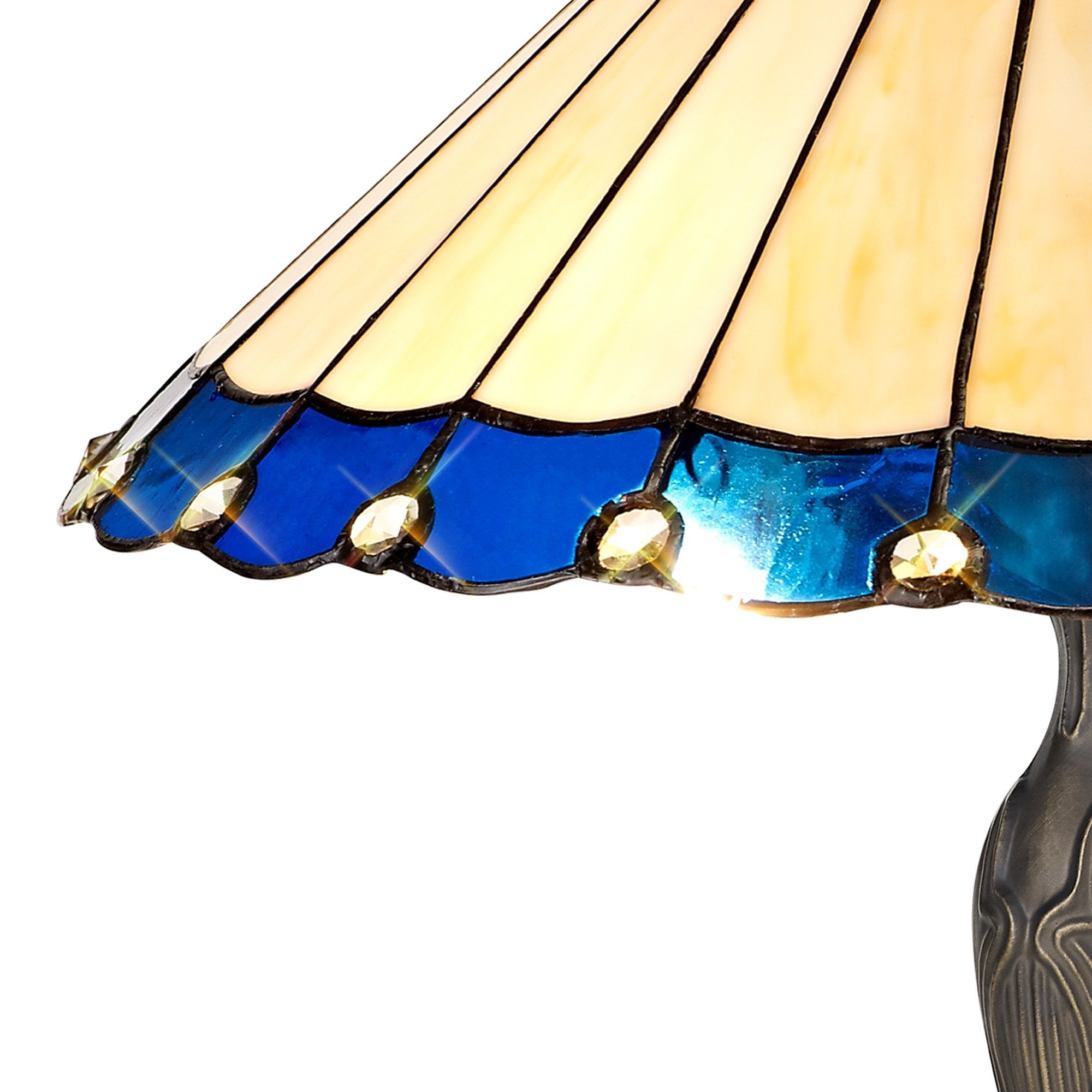 NLK03169 Umbrian 2 Light Curved Table Lamp With 40cm Tiffany Shade Blue/Chrome/Crystal/Aged Antique Brass