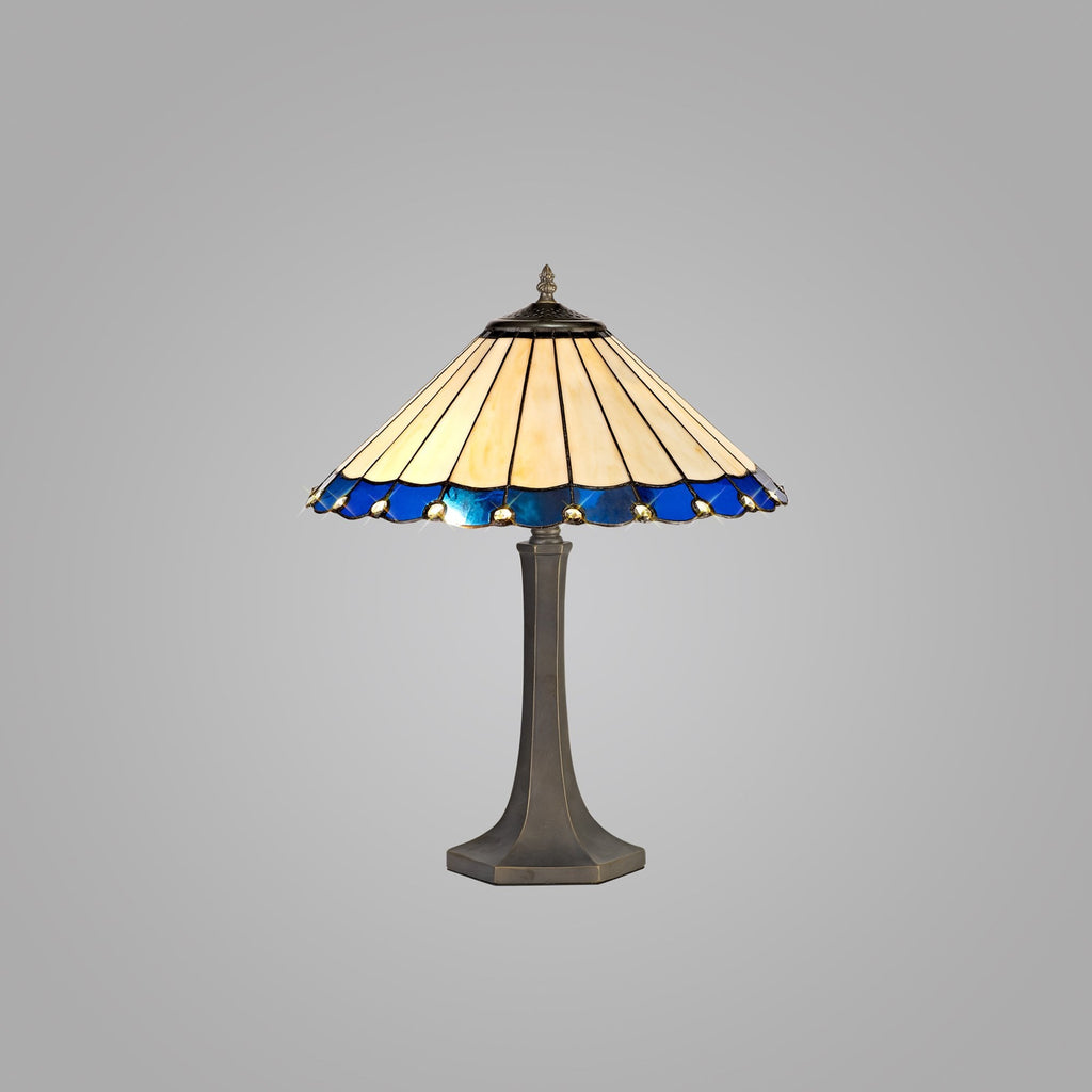 NLK03179 Umbrian 2 Light Octagonal Table Lamp With 40cm Tiffany Shade Blue/Chrome/Crystal/Aged Antique Brass