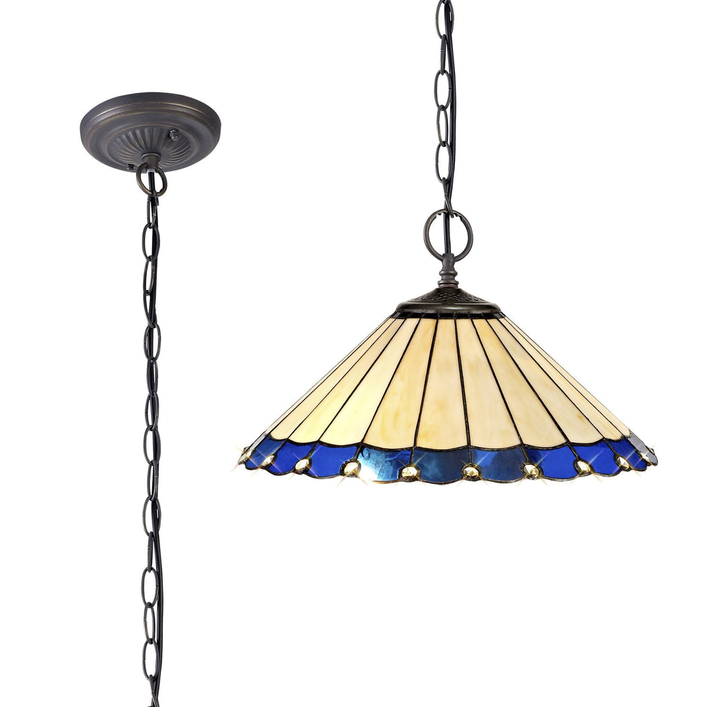 NLK03199 Umbrian 2 Light Down Lighter Pendant With 40cm Tiffany Shade Blue/Chrome/Crystal/Aged Antique Brass