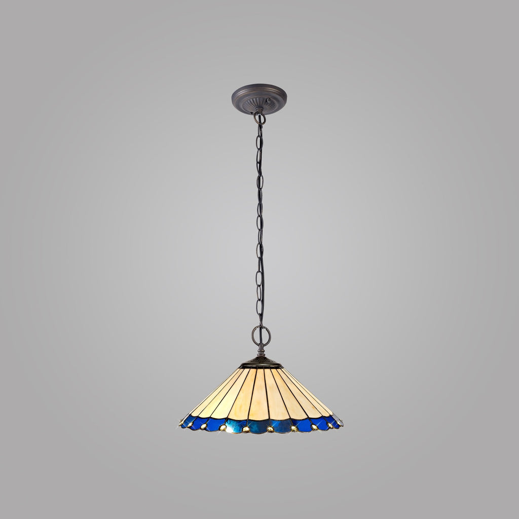 NLK03199 Umbrian 2 Light Down Lighter Pendant With 40cm Tiffany Shade Blue/Chrome/Crystal/Aged Antique Brass