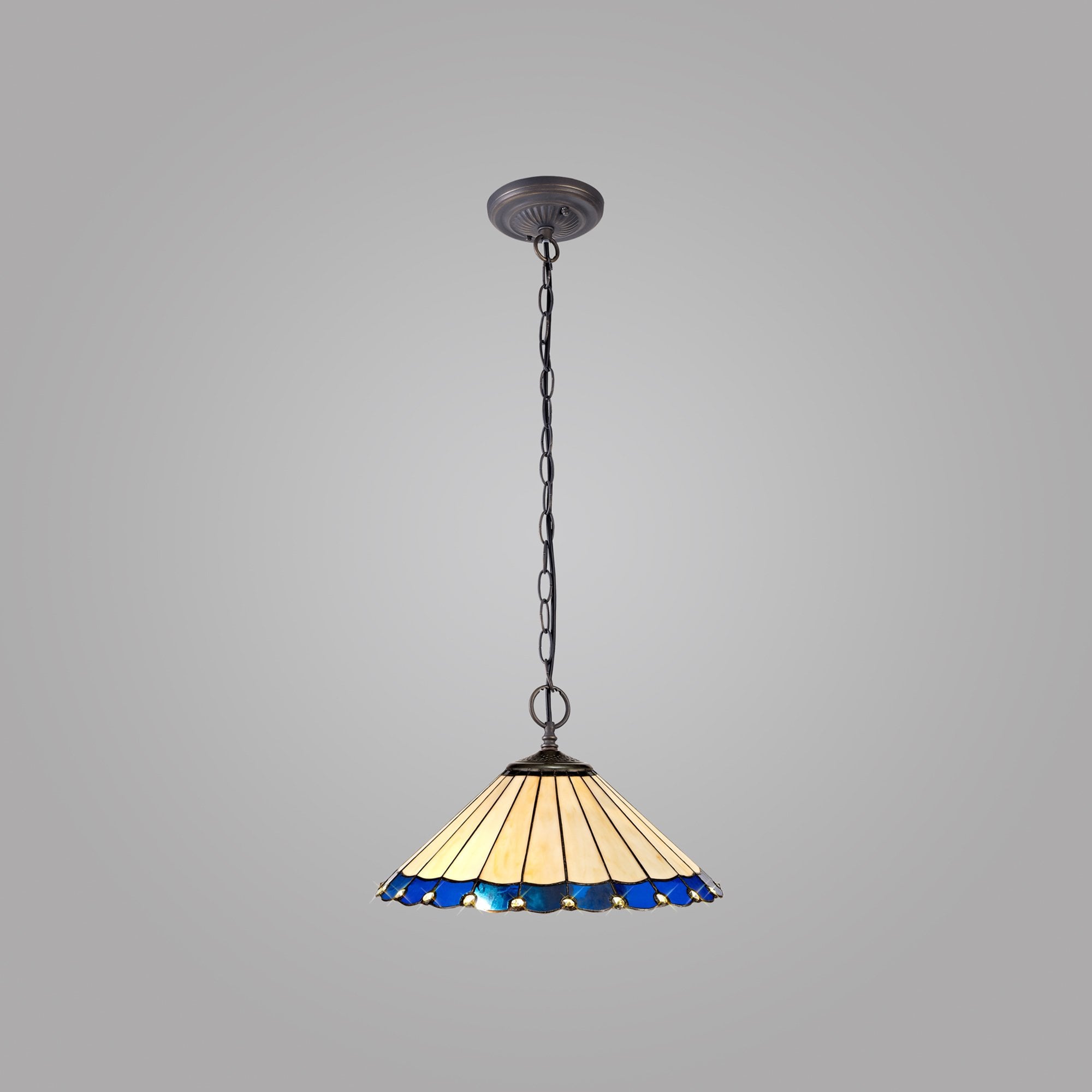 NLK03199 Umbrian 2 Light Down Lighter Pendant With 40cm Tiffany Shade Blue/Chrome/Crystal/Aged Antique Brass