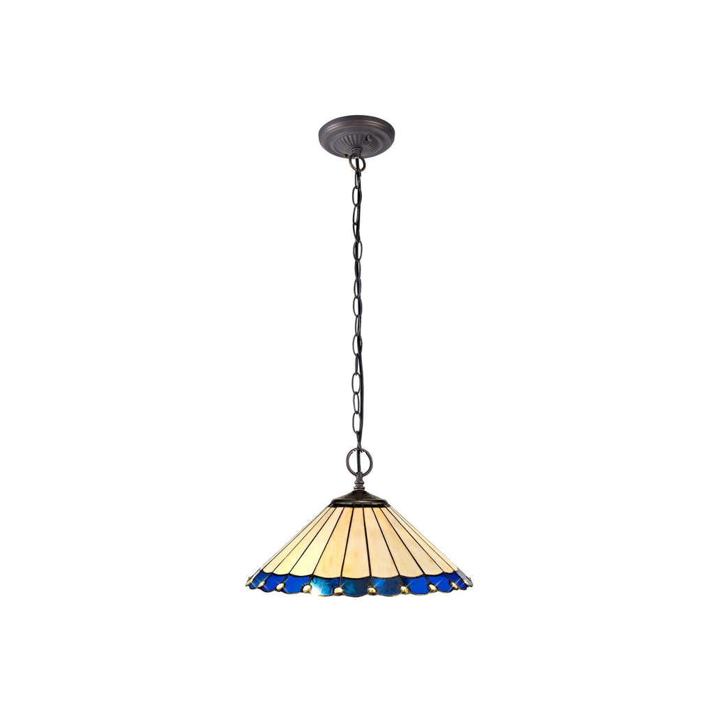 NLK03199 Umbrian 2 Light Down Lighter Pendant With 40cm Tiffany Shade Blue/Chrome/Crystal/Aged Antique Brass