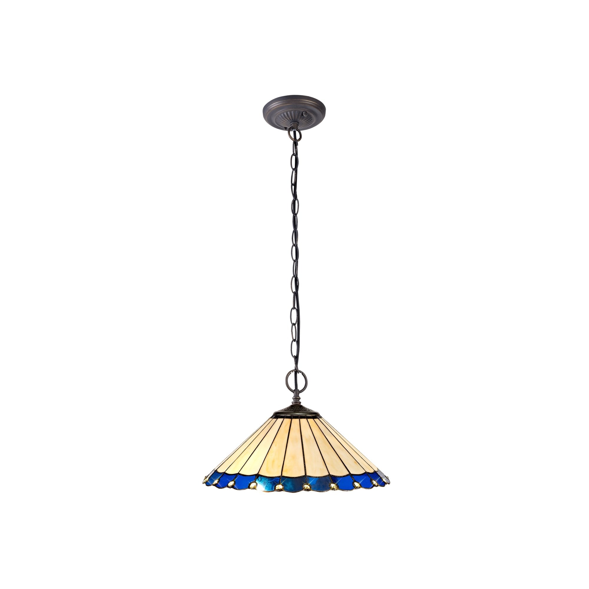 NLK03199 Umbrian 2 Light Down Lighter Pendant With 40cm Tiffany Shade Blue/Chrome/Crystal/Aged Antique Brass