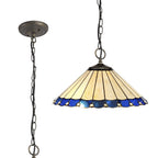 NLK03209 Umbrian 3 Light Down Lighter Pendant With 40cm Tiffany Shade Blue/Chrome/Crystal/Aged Antique Brass