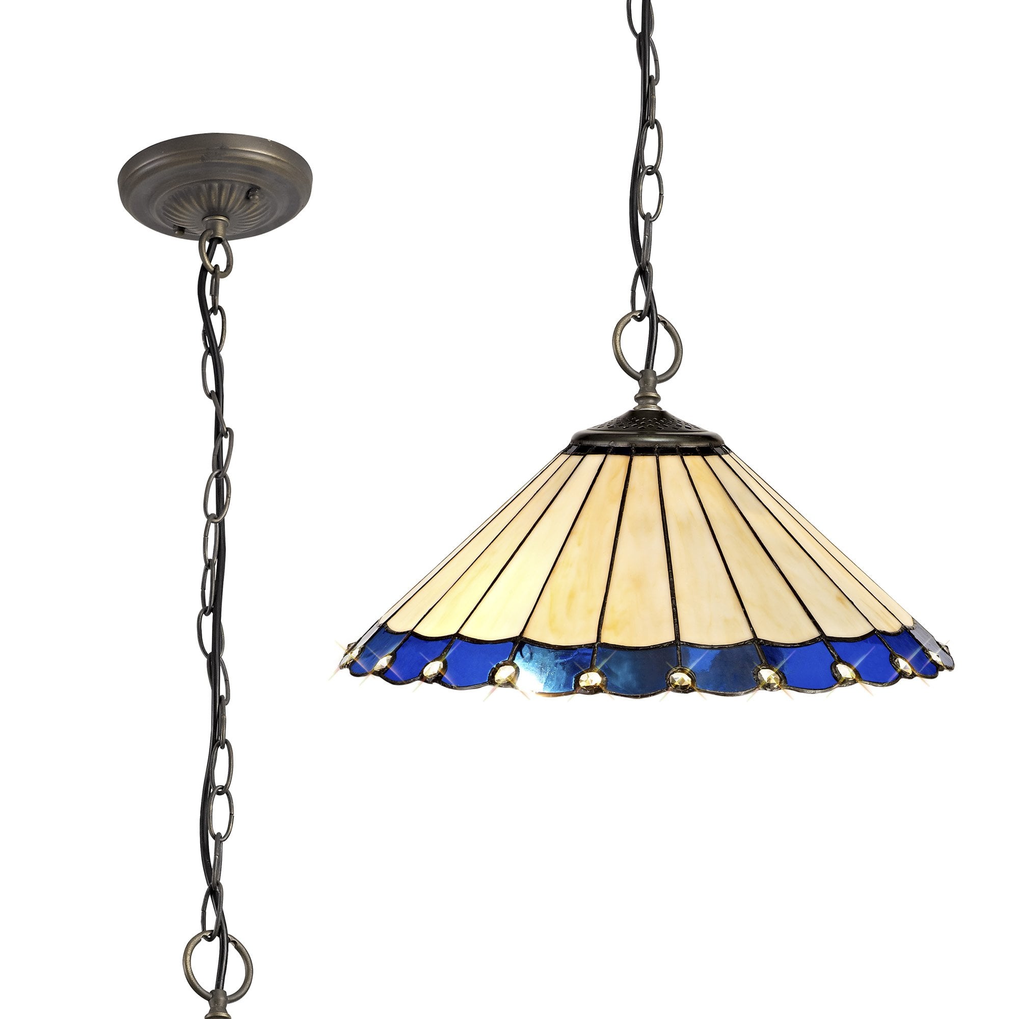 NLK03209 Umbrian 3 Light Down Lighter Pendant With 40cm Tiffany Shade Blue/Chrome/Crystal/Aged Antique Brass