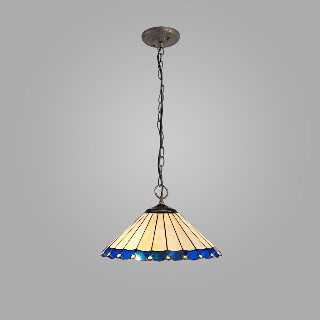 NLK03209 Umbrian 3 Light Down Lighter Pendant With 40cm Tiffany Shade Blue/Chrome/Crystal/Aged Antique Brass