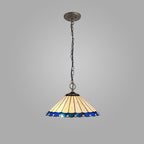 NLK03209 Umbrian 3 Light Down Lighter Pendant With 40cm Tiffany Shade Blue/Chrome/Crystal/Aged Antique Brass