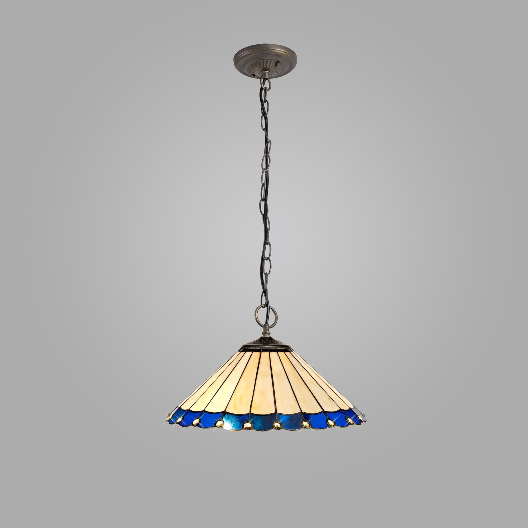NLK03209 Umbrian 3 Light Down Lighter Pendant With 40cm Tiffany Shade Blue/Chrome/Crystal/Aged Antique Brass