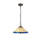 NLK03209 Umbrian 3 Light Down Lighter Pendant With 40cm Tiffany Shade Blue/Chrome/Crystal/Aged Antique Brass