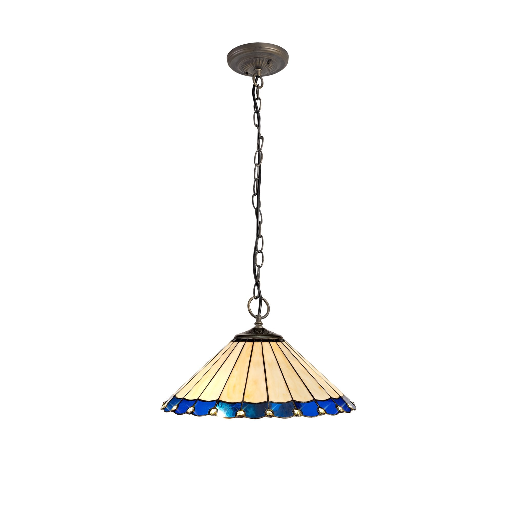 NLK03209 Umbrian 3 Light Down Lighter Pendant With 40cm Tiffany Shade Blue/Chrome/Crystal/Aged Antique Brass
