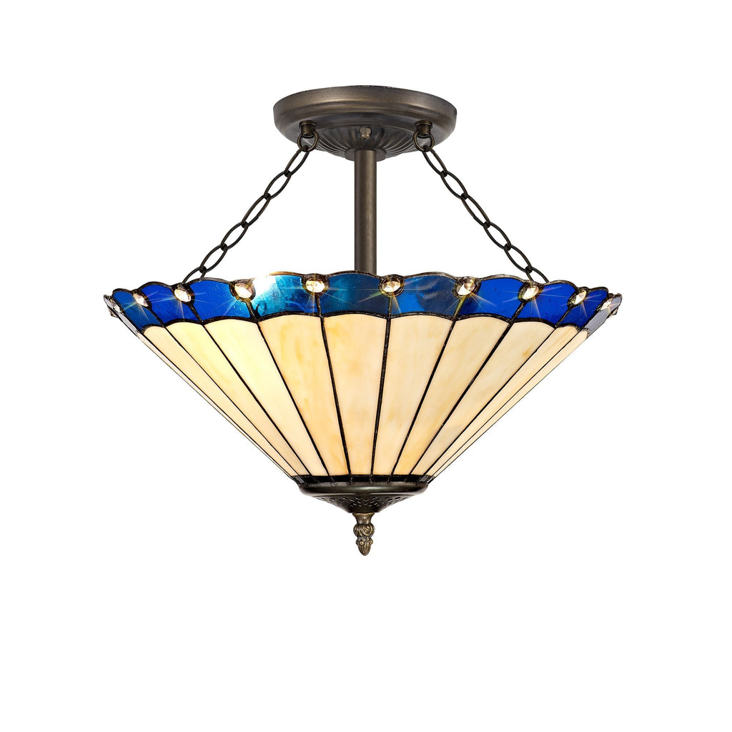NLK03219 Umbrian 3 Light Semi Ceiling With 40cm Tiffany Shade Blue/Chrome/Crystal/Aged Antique Brass