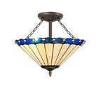 NLK03219 Umbrian 3 Light Semi Ceiling With 40cm Tiffany Shade Blue/Chrome/Crystal/Aged Antique Brass
