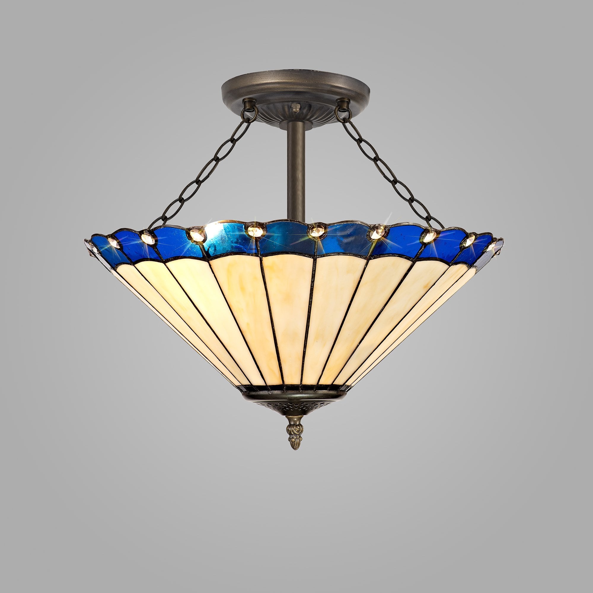 NLK03219 Umbrian 3 Light Semi Ceiling With 40cm Tiffany Shade Blue/Chrome/Crystal/Aged Antique Brass