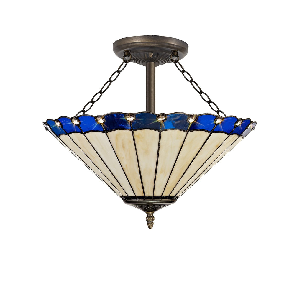 NLK03219 Umbrian 3 Light Semi Ceiling With 40cm Tiffany Shade Blue/Chrome/Crystal/Aged Antique Brass