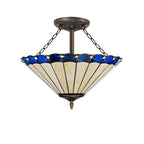 NLK03219 Umbrian 3 Light Semi Ceiling With 40cm Tiffany Shade Blue/Chrome/Crystal/Aged Antique Brass