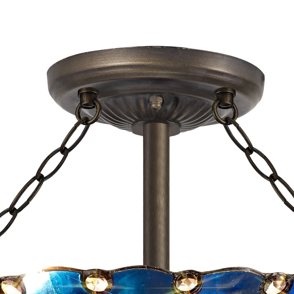 NLK03219 Umbrian 3 Light Semi Ceiling With 40cm Tiffany Shade Blue/Chrome/Crystal/Aged Antique Brass