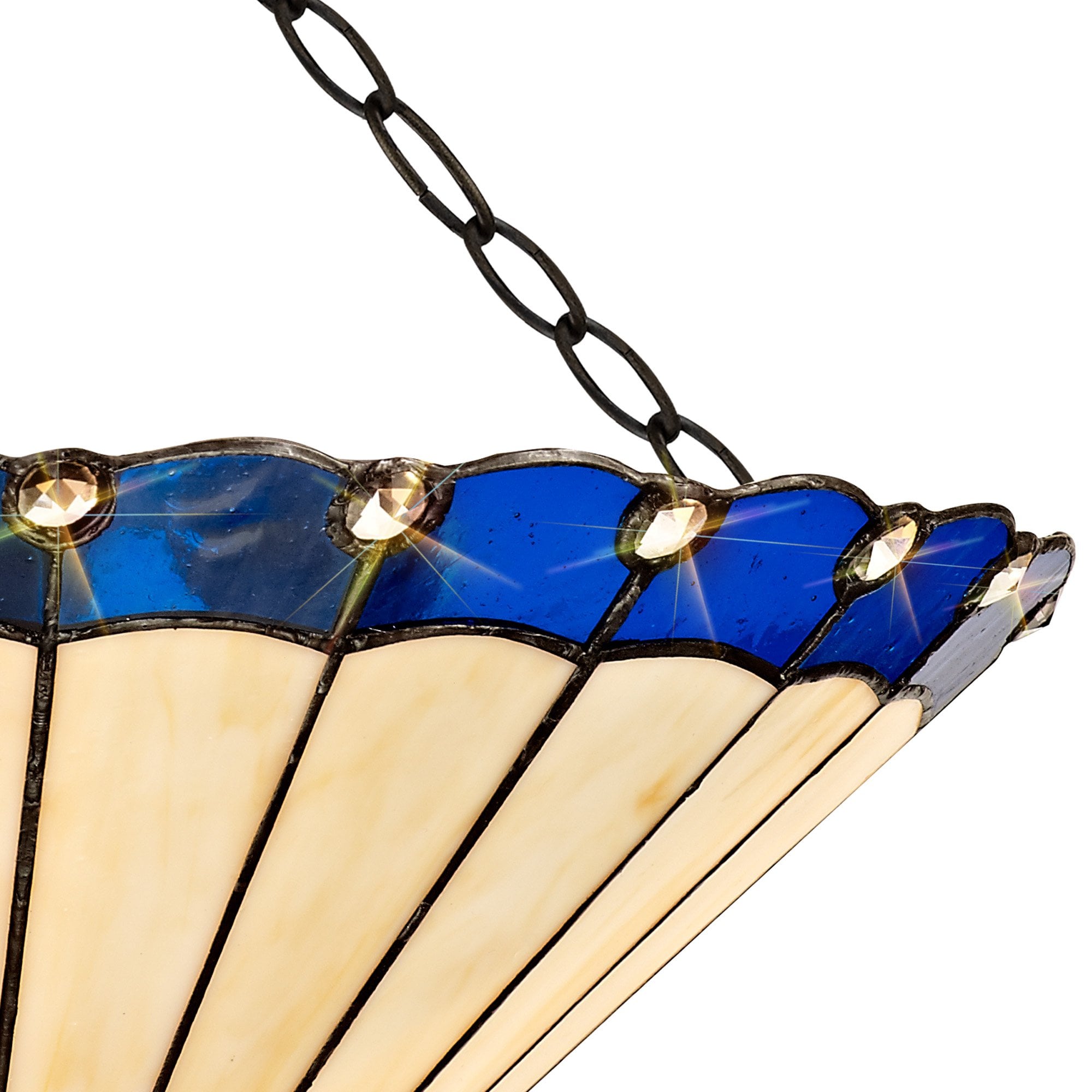 NLK03219 Umbrian 3 Light Semi Ceiling With 40cm Tiffany Shade Blue/Chrome/Crystal/Aged Antique Brass