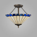 NLK03219 Umbrian 3 Light Semi Ceiling With 40cm Tiffany Shade Blue/Chrome/Crystal/Aged Antique Brass