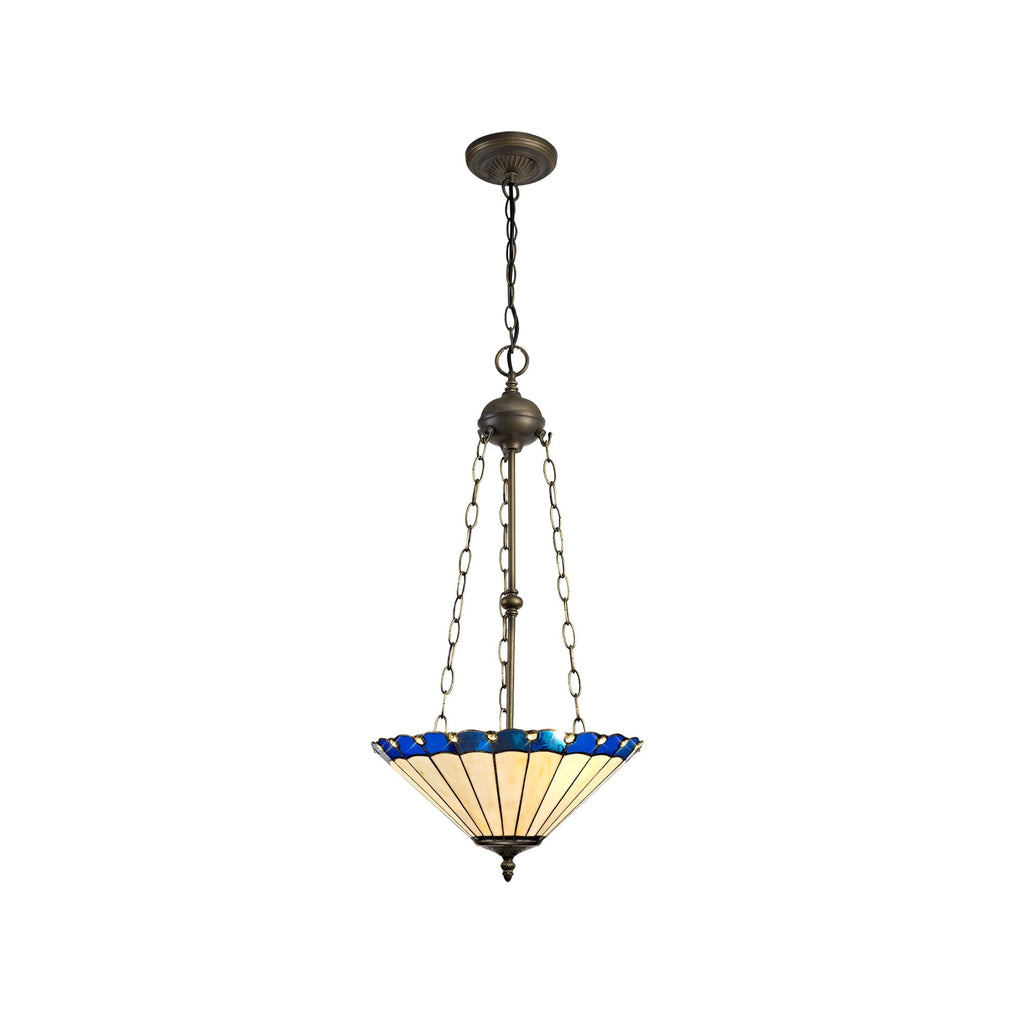 NLK03229 Umbrian 3 Light Up Lighter Pendant With 40cm Tiffany Shade Blue/Chrome/Crystal/Aged Antique Brass