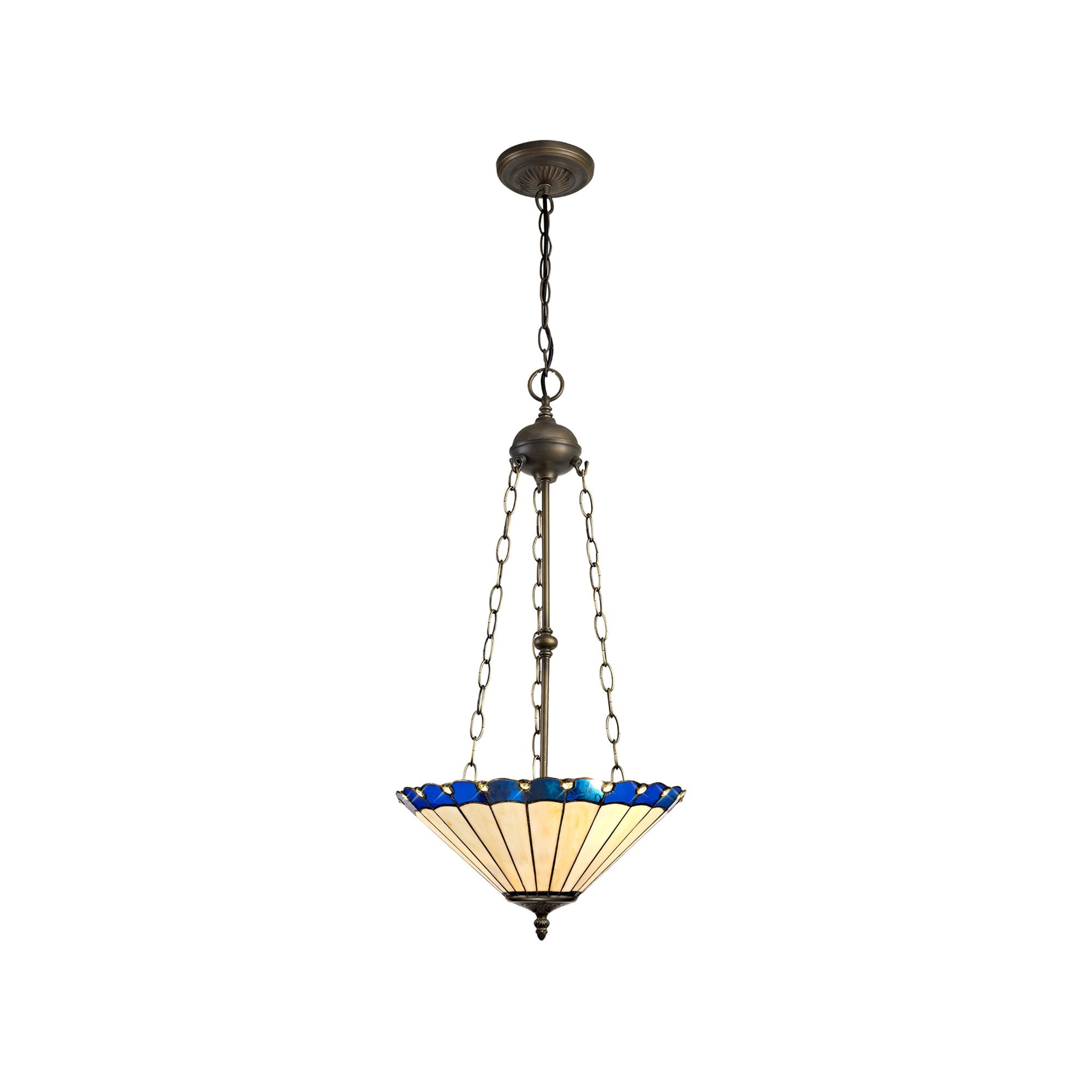 NLK03229 Umbrian 3 Light Up Lighter Pendant With 40cm Tiffany Shade Blue/Chrome/Crystal/Aged Antique Brass