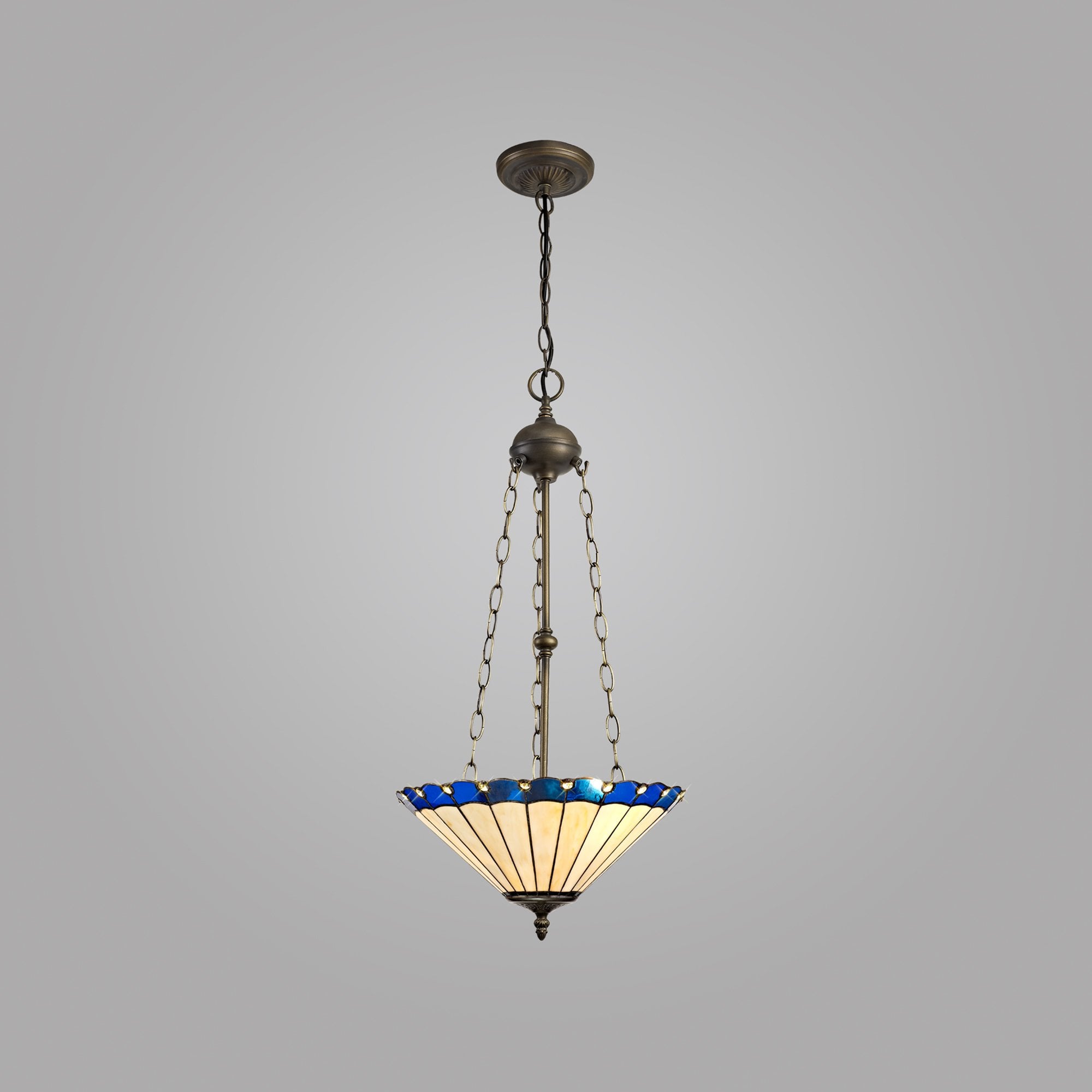 NLK03229 Umbrian 3 Light Up Lighter Pendant With 40cm Tiffany Shade Blue/Chrome/Crystal/Aged Antique Brass
