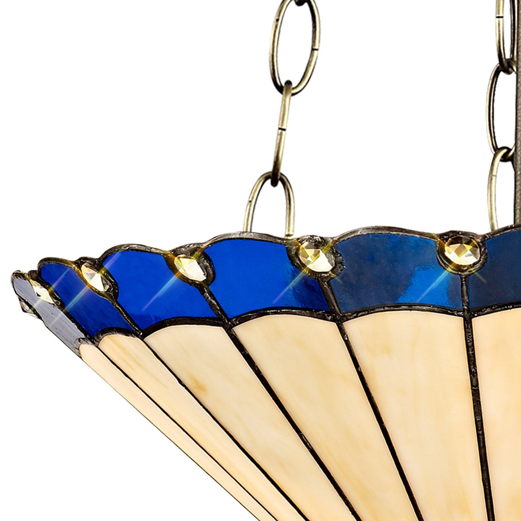 NLK03229 Umbrian 3 Light Up Lighter Pendant With 40cm Tiffany Shade Blue/Chrome/Crystal/Aged Antique Brass