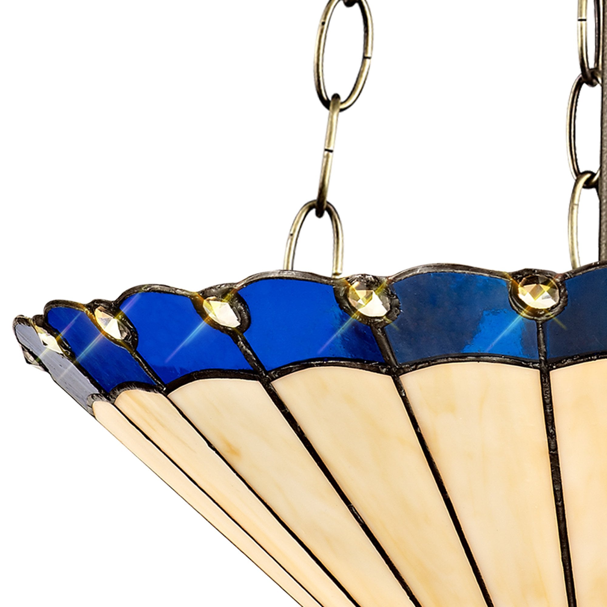 NLK03229 Umbrian 3 Light Up Lighter Pendant With 40cm Tiffany Shade Blue/Chrome/Crystal/Aged Antique Brass