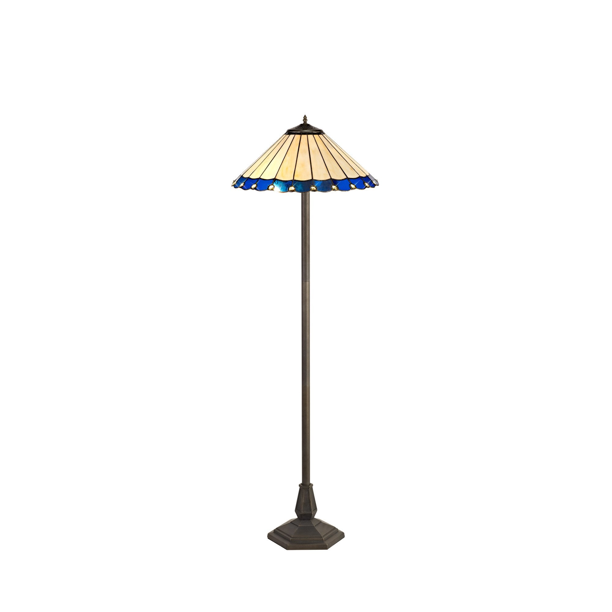 NLK03239 Umbrian 2 Light Octagonal Floor Lamp With 40cm Tiffany Shade Blue/Chrome/Crystal/Aged Antique Brass