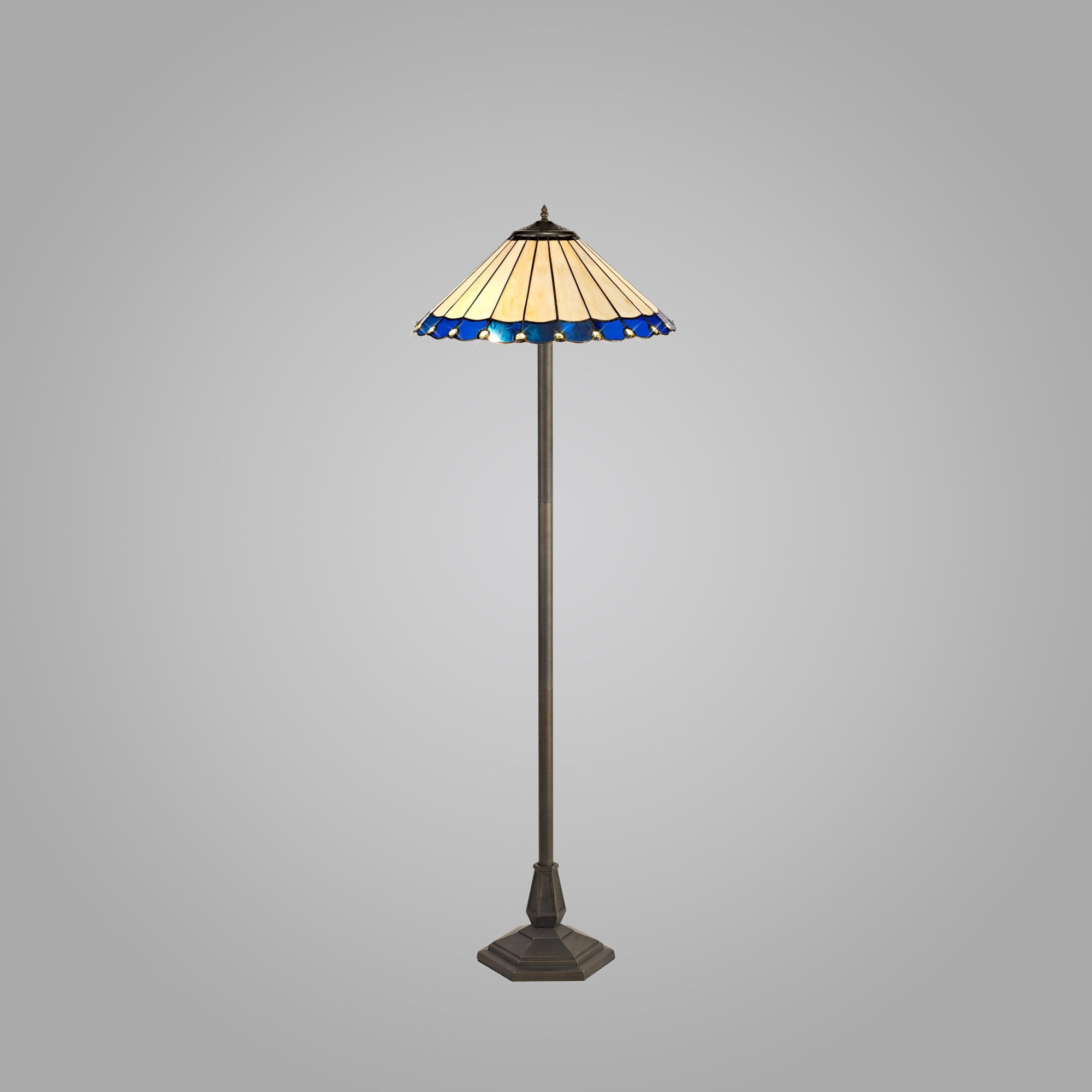 NLK03239 Umbrian 2 Light Octagonal Floor Lamp With 40cm Tiffany Shade Blue/Chrome/Crystal/Aged Antique Brass