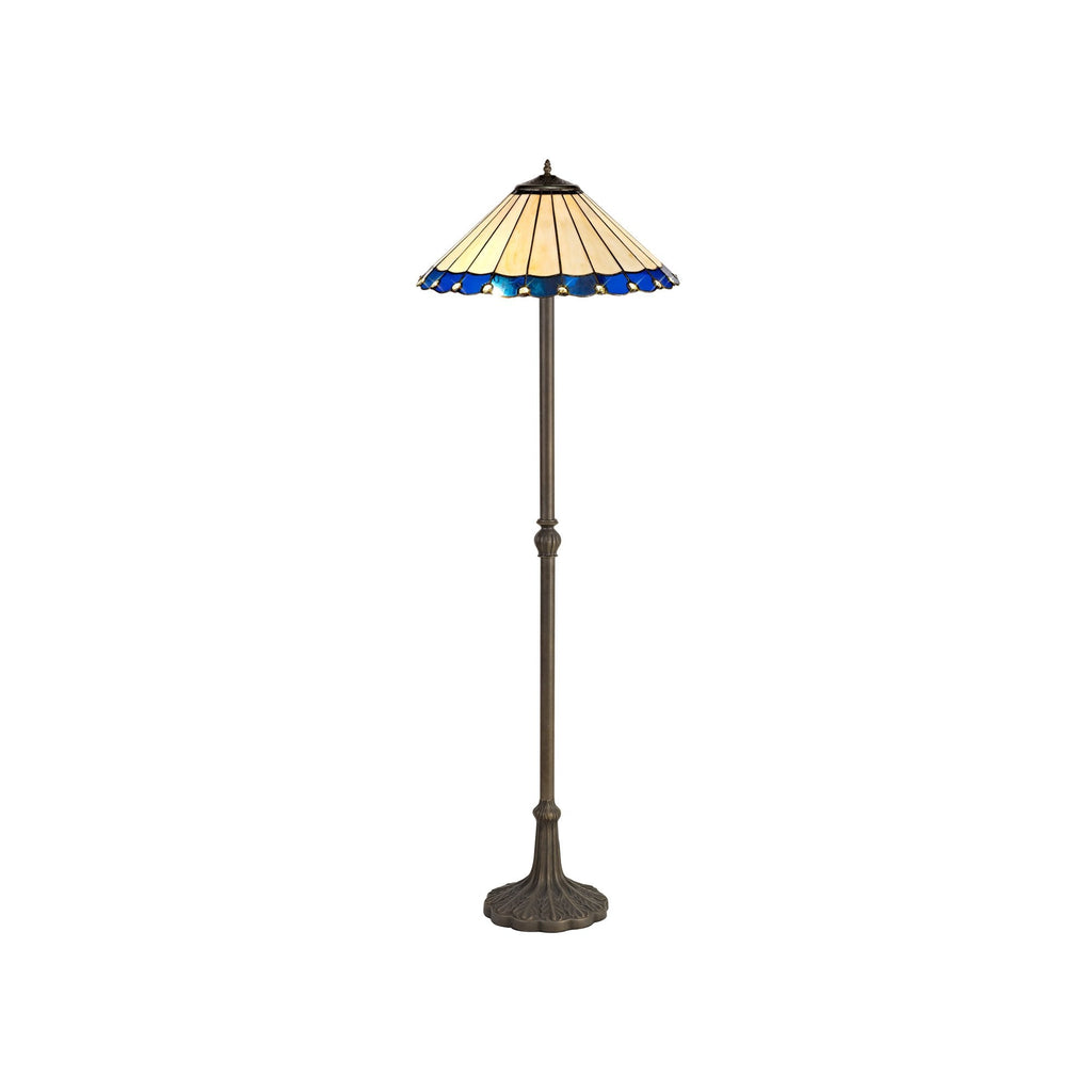 NLK03249 Umbrian 2 Light Leaf Design Floor Lamp With 40cm Tiffany Shade Blue/Chrome/Crystal/Aged Antique Brass