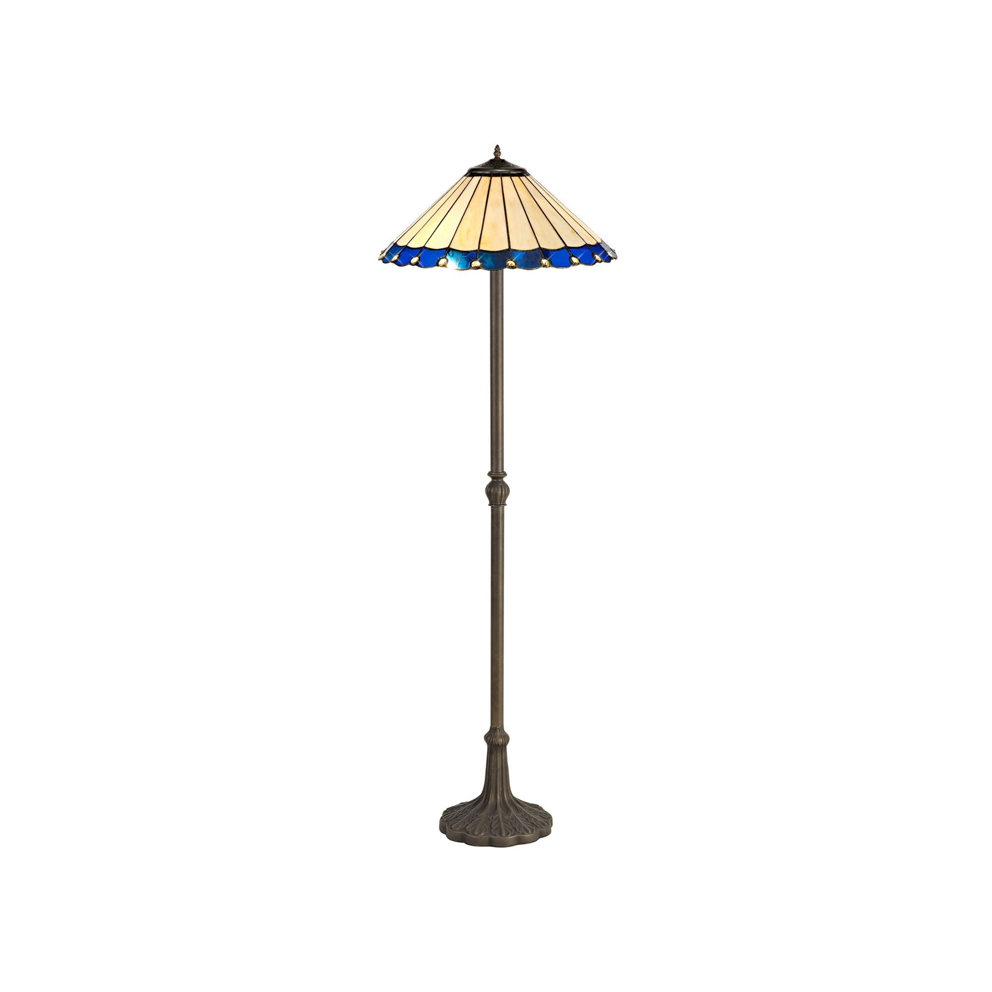 NLK03249 Umbrian 2 Light Leaf Design Floor Lamp With 40cm Tiffany Shade Blue/Chrome/Crystal/Aged Antique Brass