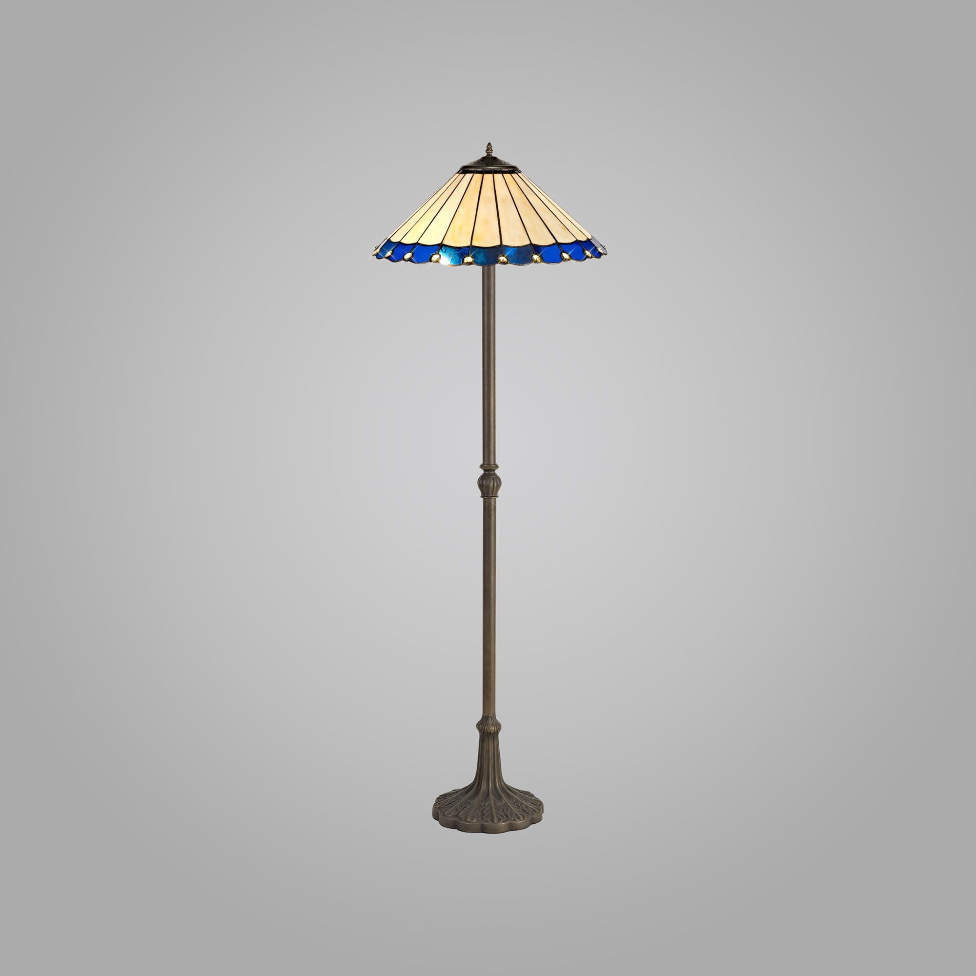 NLK03249 Umbrian 2 Light Leaf Design Floor Lamp With 40cm Tiffany Shade Blue/Chrome/Crystal/Aged Antique Brass