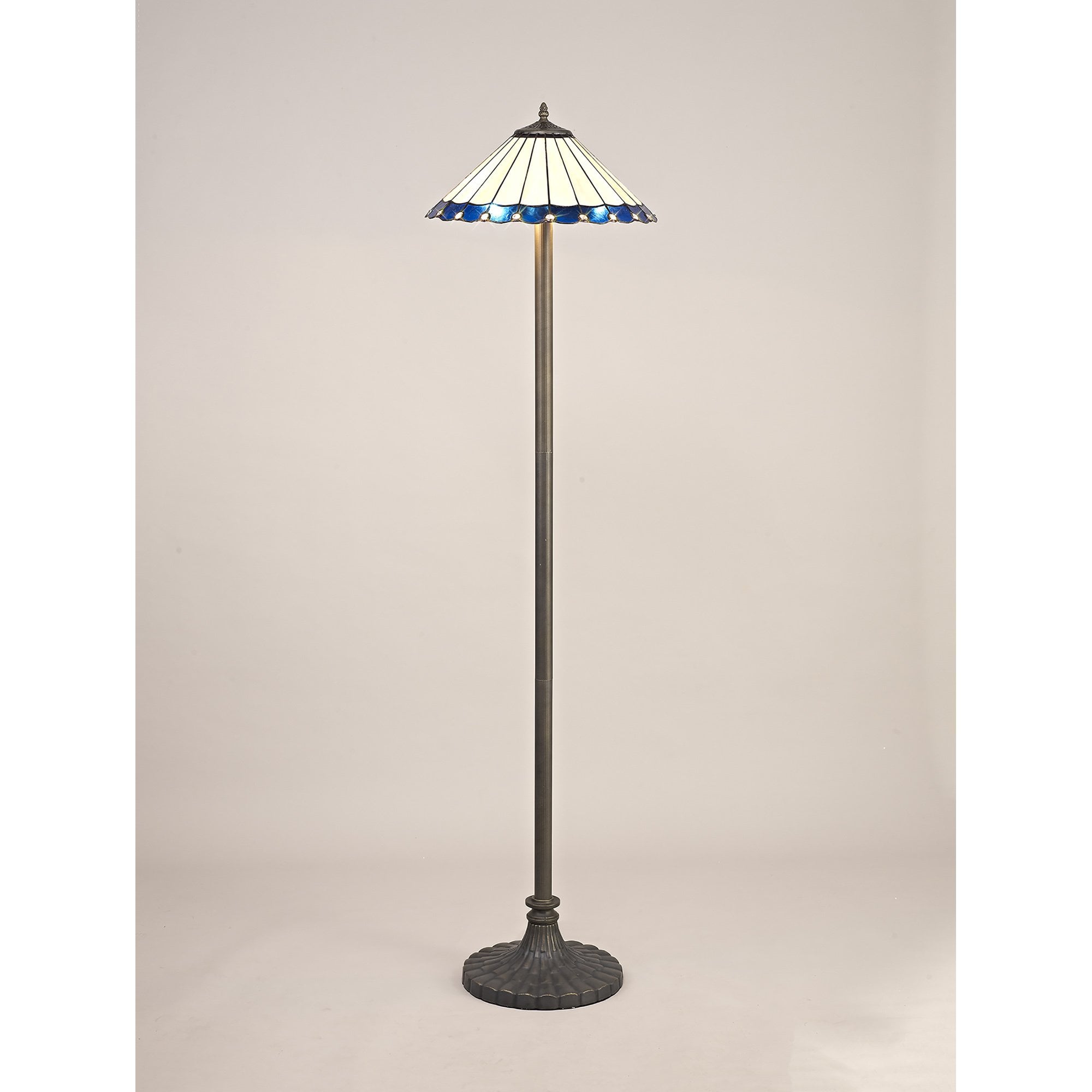 NLK03259 Umbrian 2 Light Stepped Design Floor Lamp With 40cm Tiffany Shade Blue/Chrome/Crystal/Aged Antique Brass