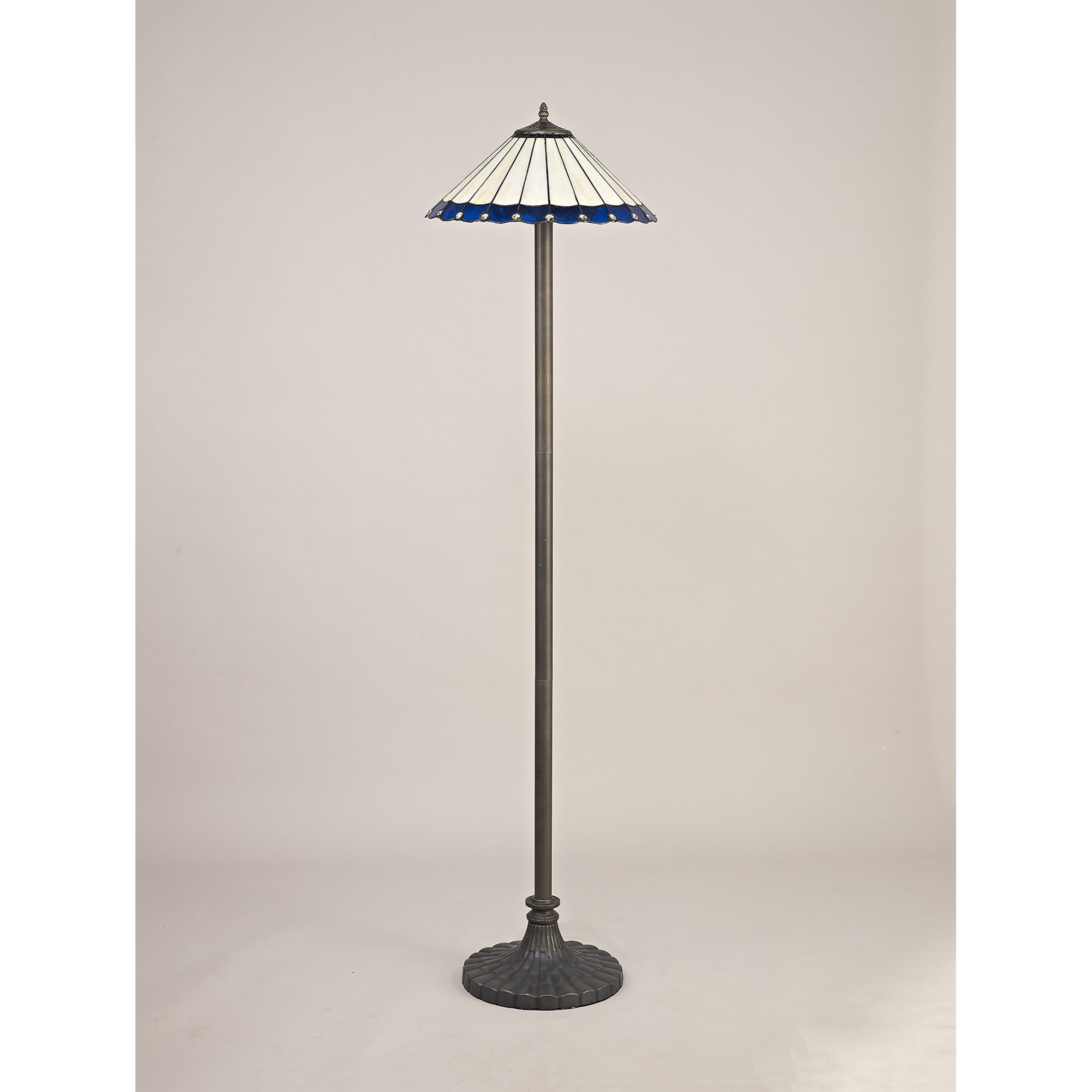 NLK03259 Umbrian 2 Light Stepped Design Floor Lamp With 40cm Tiffany Shade Blue/Chrome/Crystal/Aged Antique Brass