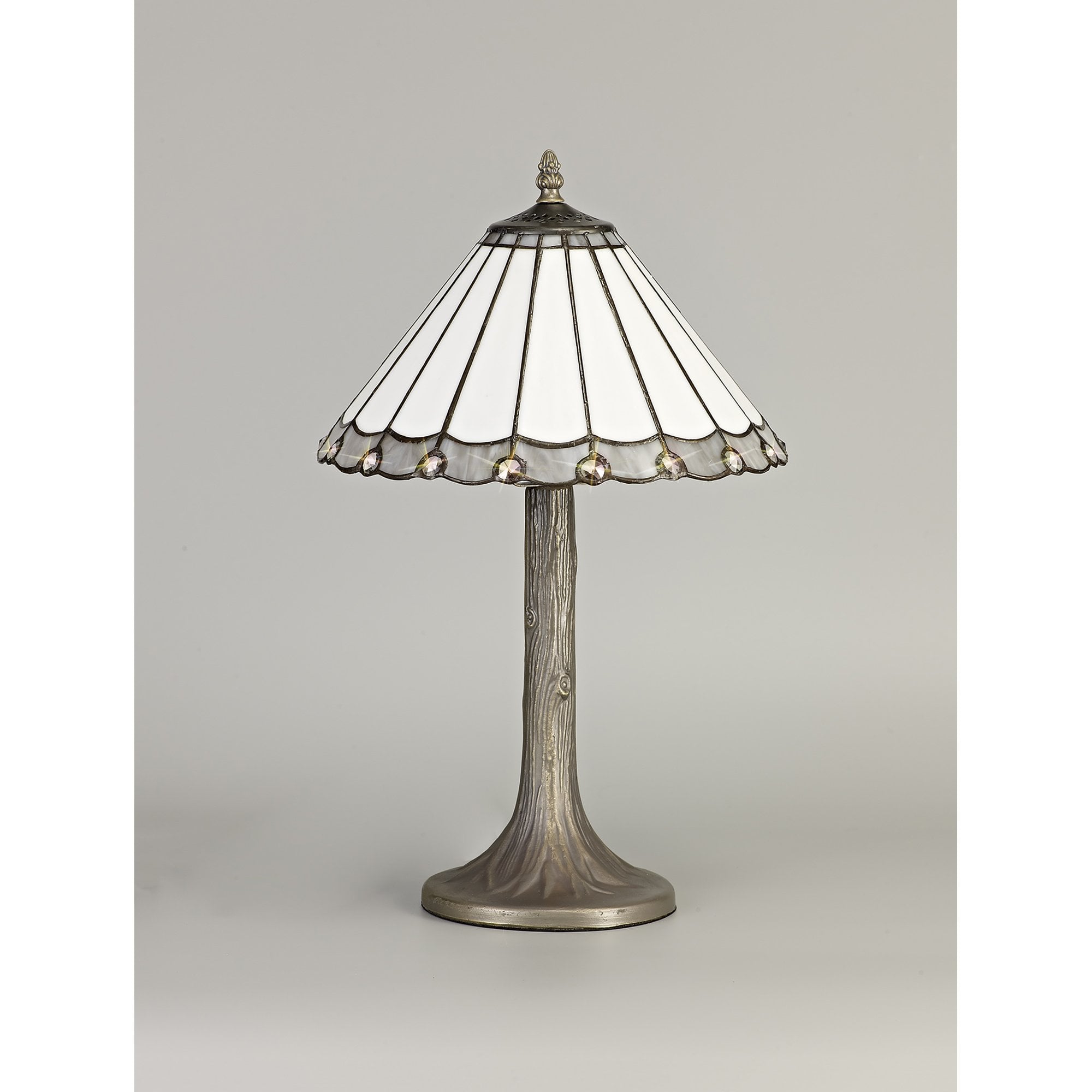 NLK03279 Umbrian 1 Light Tree Like Table Lamp With 30cm Tiffany Shade Grey/Chrome/Crystal/Aged Antique Brass