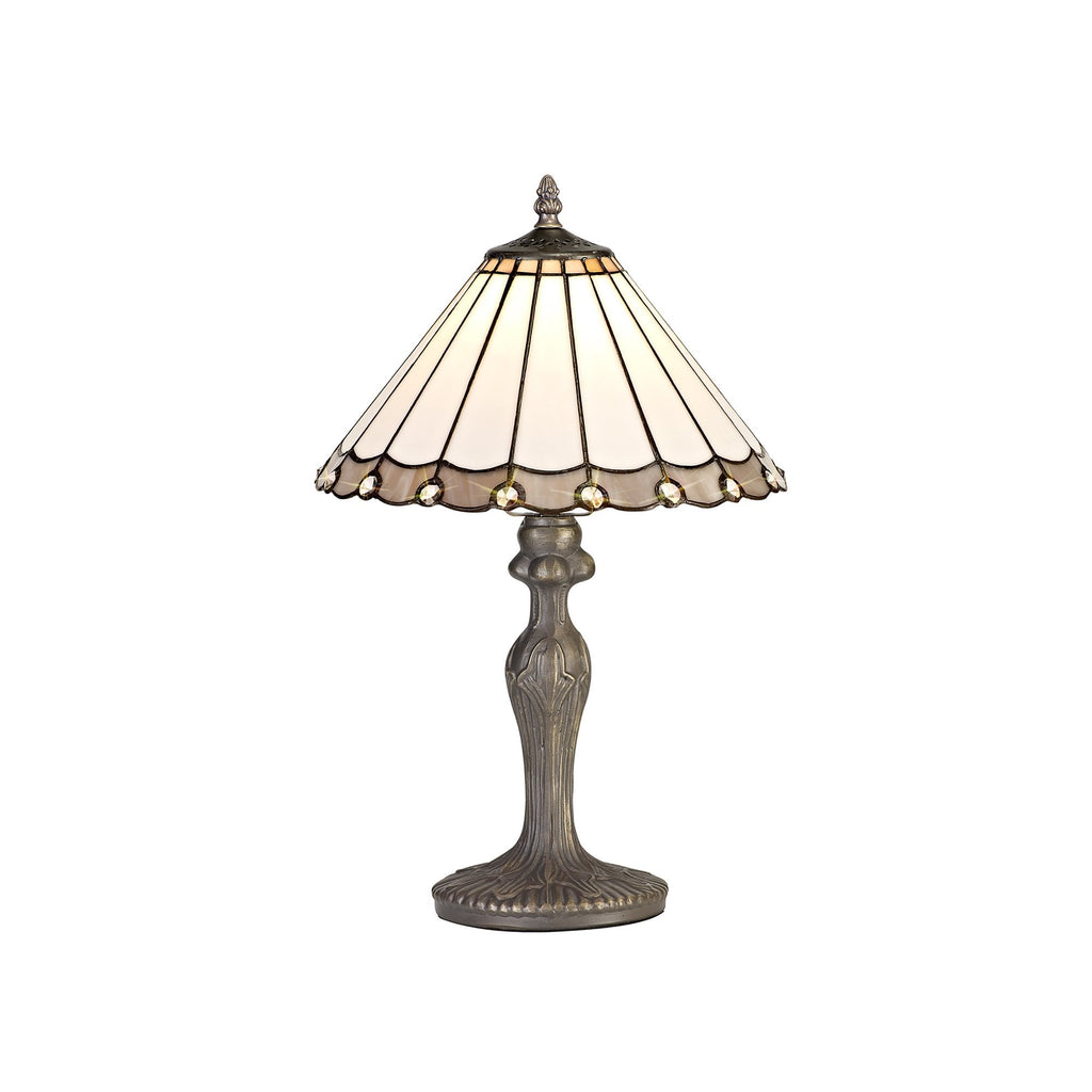 NLK03289 Umbrian 1 Light Curved Table Lamp With 30cm Tiffany Shade Grey/Chrome/Crystal/Aged Antique Brass
